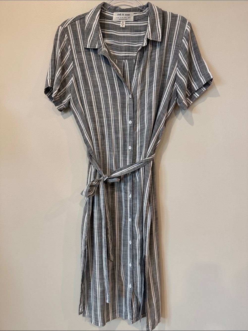 cloth & stone Anthropologie Gray and White Striped Midi Shirt Dress Light Airy